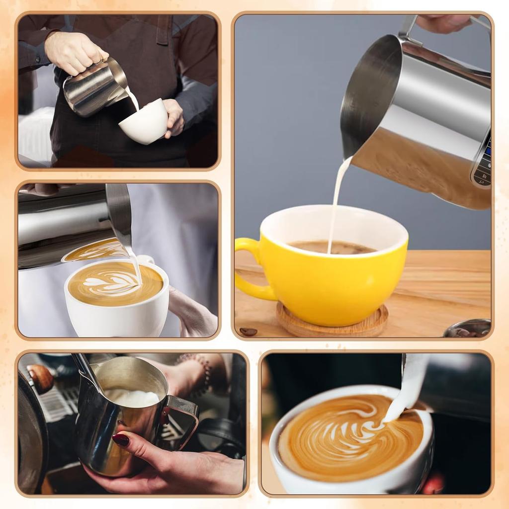 Milk Frothing Pitcher 600ml Stainless Steel Coffee Milk Frother Steamer Cup Foam Making with Thermometer for Making Espresso Cappuccino Latte Hot