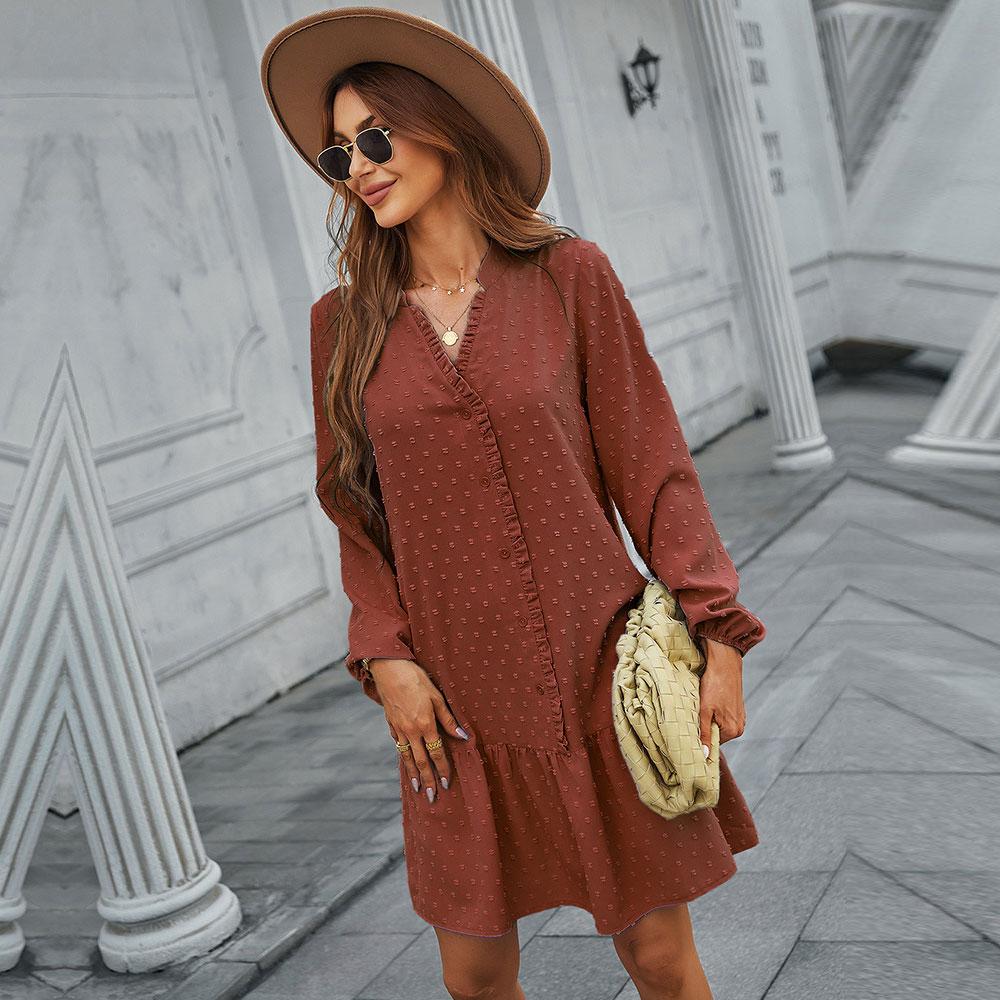 Jaro léto jednobarevné žakárové pro ženy ležérní jednoprsový výstřih do V s plným rukávem dámské šaty ke kolenům