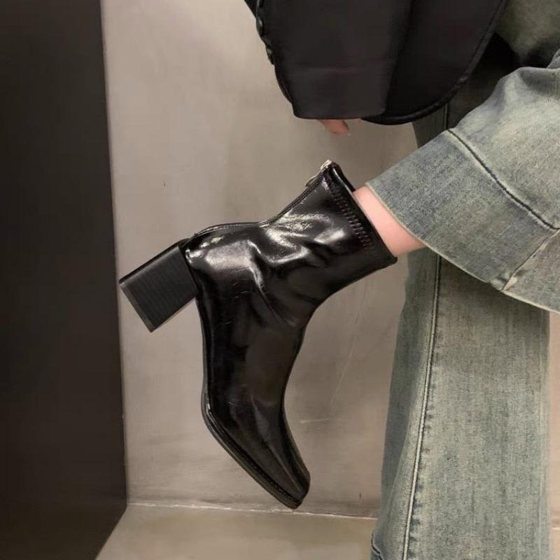 Fashion Platform Boots Women Square Heel Femmes Bottes Solid Fashion Slip On Elastic Ladies Shoes Short Plush Women's Ankle Boots Winter