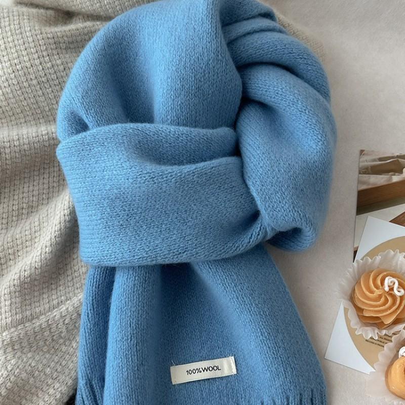 Winter 100% Pure Wool Scarf Solid Color Warm Knit Neckwear Couples Women