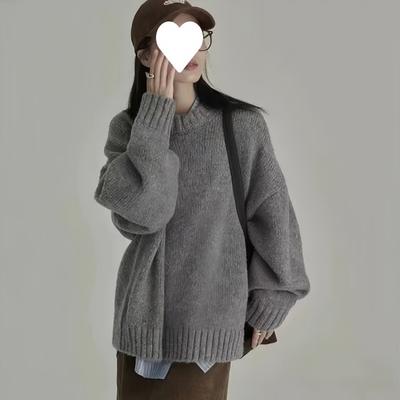 Lenistwo Styl Retro Okrągły Dekolt Pulower Luźny Jednolity Kolor Na Zewnątrz Wewnątrz Dół Gruby Sweter Kobiety