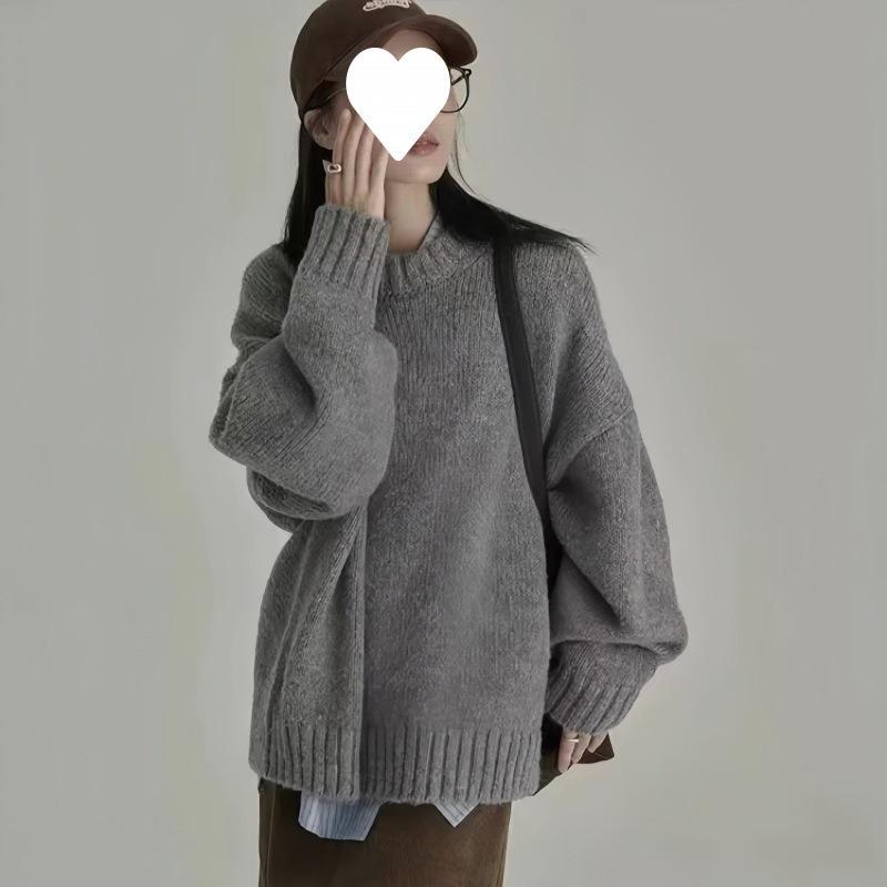 

Ленивый стиль Ретро Пуловер с круглым вырезом Свободный Однотонный Снаружи Внутри Низ Толстый Свитер Женский L бежевый