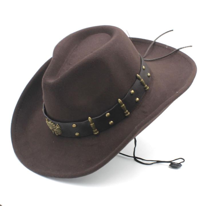 Women Men Wool Hollow Western Cowboy Hat For Gentleman Roll Up Brim Sombrero Cap Dad Hat With Punk Belt Size 57-59CM
