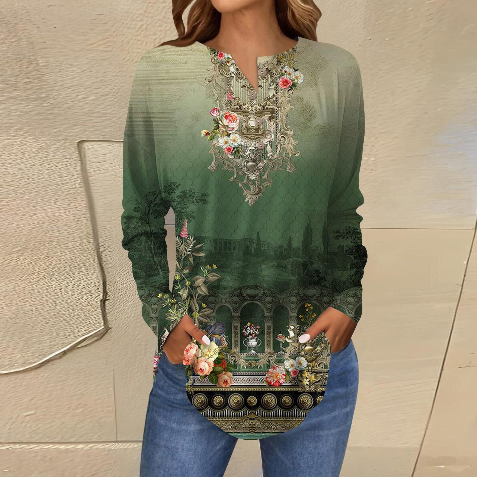 

Женская мода свободный воротник на пуговицах с принтом длинный рукав футболка топы пуловер L армия зеленый