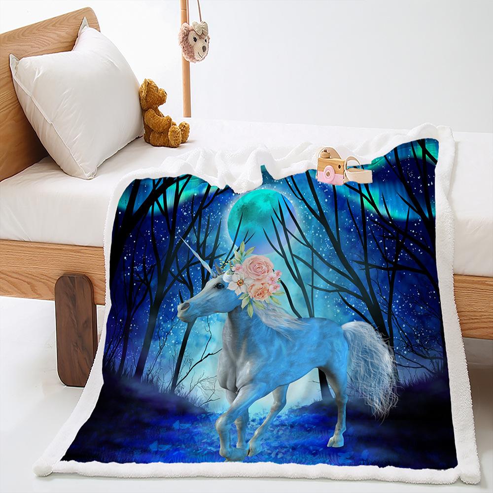 2D Digital Printed Cover Blanket Unicorn Cartoon Thickened Lamb Fleece Crystal Plush Blanket