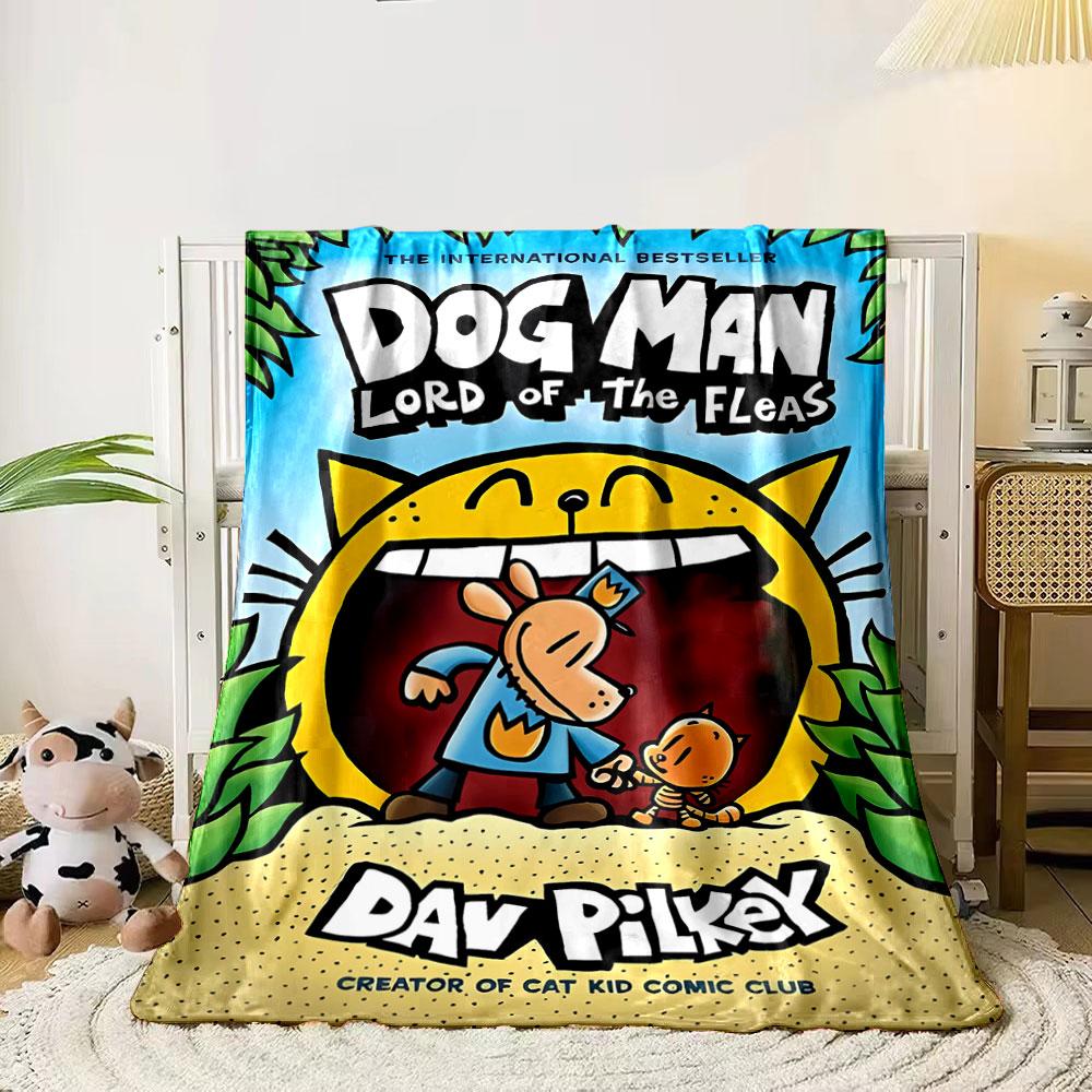 

A playful cartoon dog and kitten stand in front of a smiling cat face. for all seasons blanket lunch break throw gift 80cm x 120cm