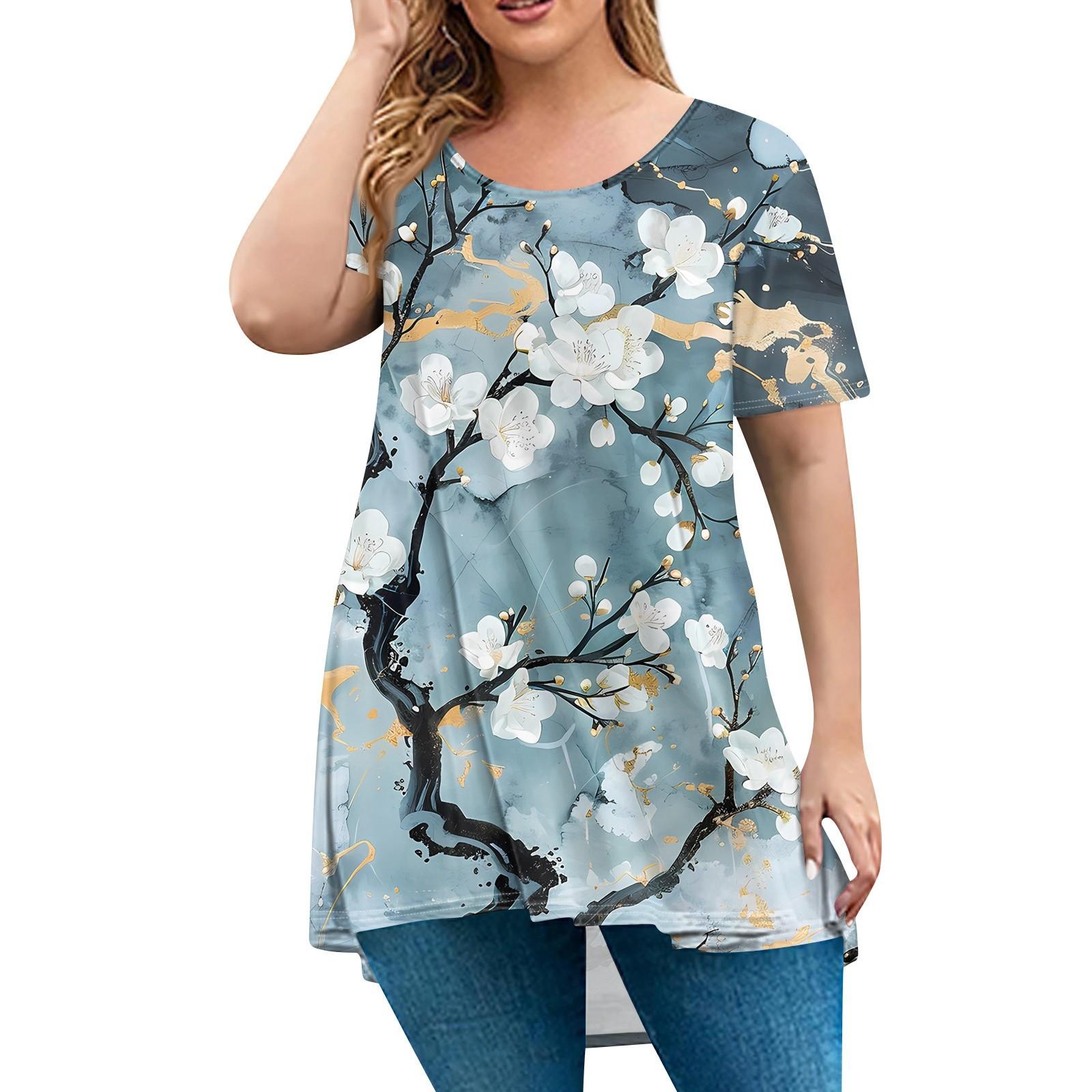 

Женская мода большого размера с круглым вырезом и коротким рукавом, повседневный свободный пуловер с принтом L циан