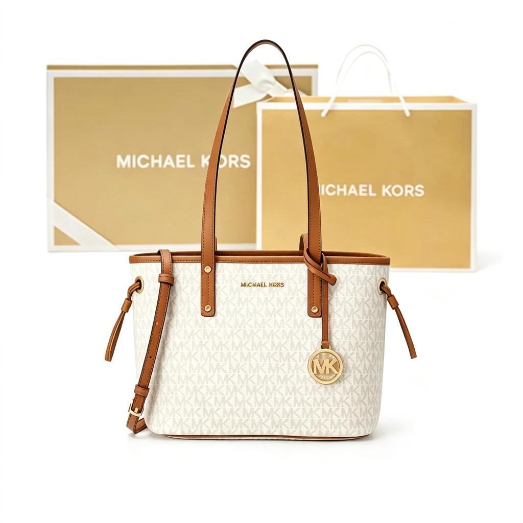 Michael Kors MK Jet Set Travel Monogram Coulisse Borsa a Tote in Pelle Donna borse a tote Vaniglia-Bianco 35T9GTVT1V-150