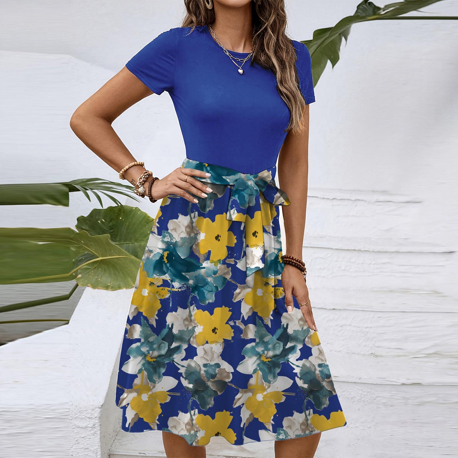 

Женское модное ретро-платье с принтом и цветным поясом XXL синий