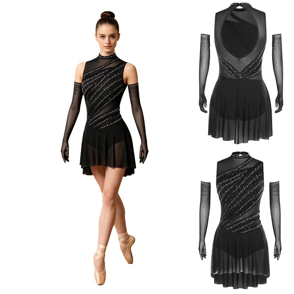 Ladies Lyrical Dancewear Sleeveless Backless Rhinestone Dress with Opera Length Mesh Gloves Crew Neck for Competition Recital