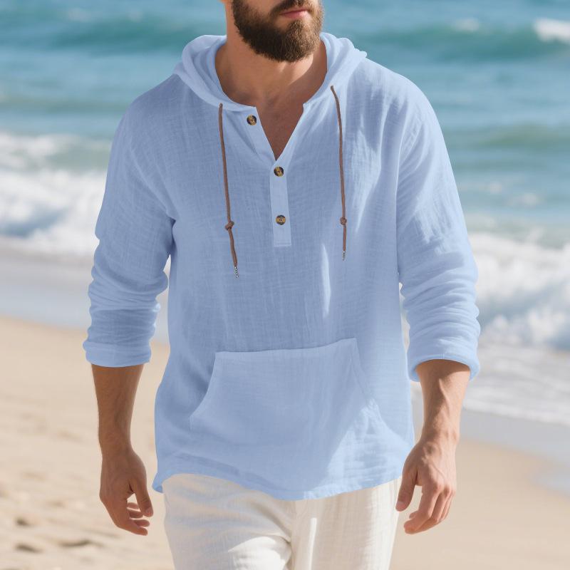 Men's Autumn Sports Casual Long-Sleeved Shirt Cotton-Linen Blend Hooded Pullover Sweatshirt Versatile Loose-Fit Beach T-Shirt