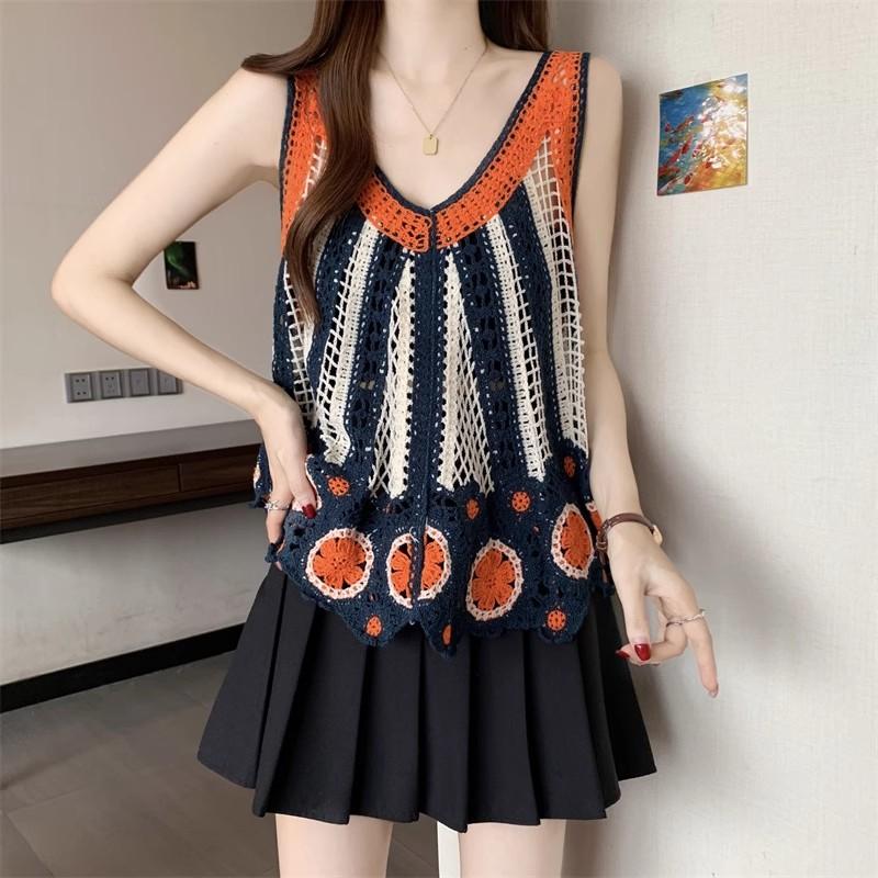 Embroidered Crochet Tank Top for Women Sheer Openwork Pointelle Knit Camis Summer Beach Bohemian Outfit One Size оранжевый
