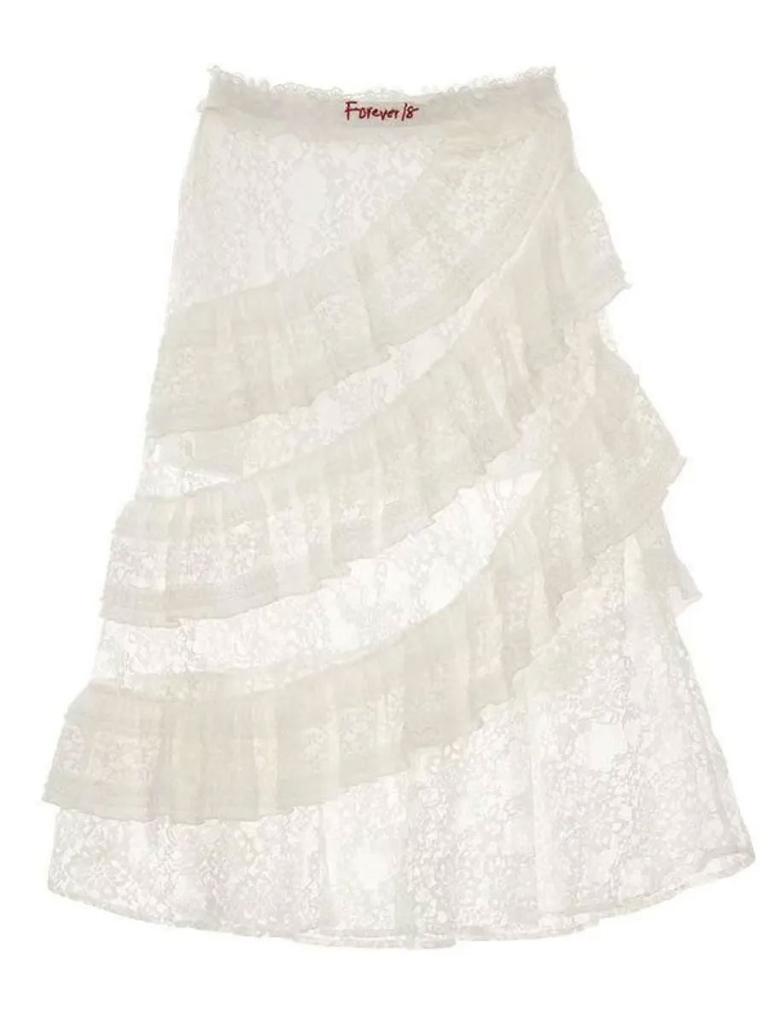 Women's Lace Skirt White Y2k Vintage Elegant Mid-length Skirt Ruffled Elastic Waist Korean Fashion Clothing