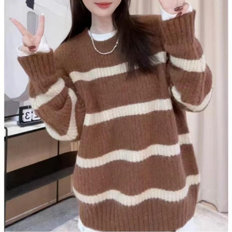 Lazy wind crew neck striped women's sweater autumn and winter new loose and thin casual pullover knitted sweater top