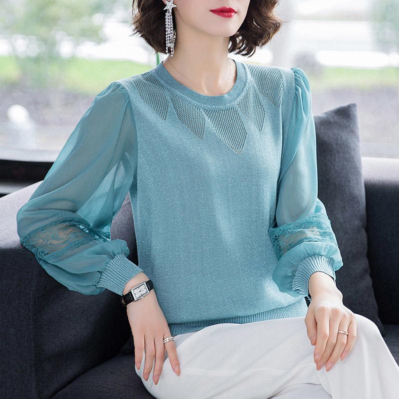 Round Neck Patchwork Yarn Sleeve Hollow Knit Sweater Top Long Sleeved Sweater Women's Base Sweater