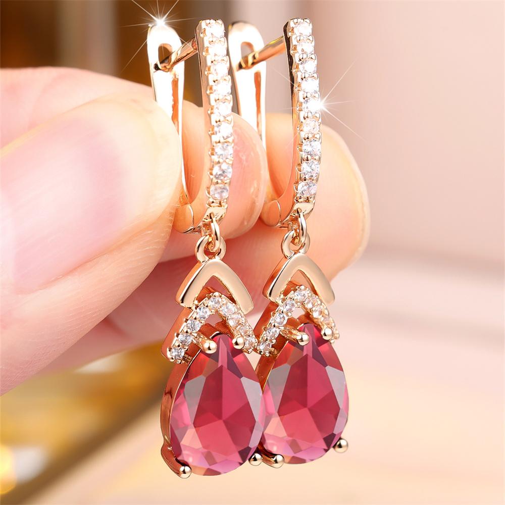 Aqua Blue Crystal Water Drop Stone Pendant Hoop Earrings For Women Multicolor Zircon Gold Color Ear Buckle Wedding Jewelry Gifts