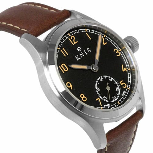 KNIS Men's Retro Military Watch, Made In Japan, Sapphire Crystal, 10 ATM Water Resistance, Black Dial, Brown Leather, KN003-BKBRLE