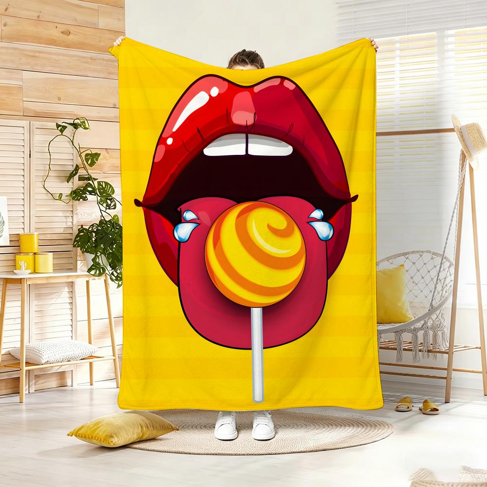 Colorful Pop Art Lips with Strawberry Throw Lightweight 240g Flannel Blanket Soft Skin-friendly for Summer Cooling