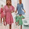 Vintage Printed Party Dress Women V Neck Long Sleeve Beach Holiday Dresses for Women Spring Autumn Casual Beach Holiday Dress