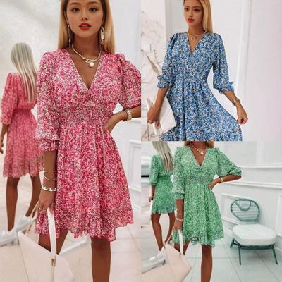 Vintage Printed Party Dress Women V Neck Long Sleeve Beach Holiday Dresses for Women Spring Autumn Casual Beach Holiday Dress