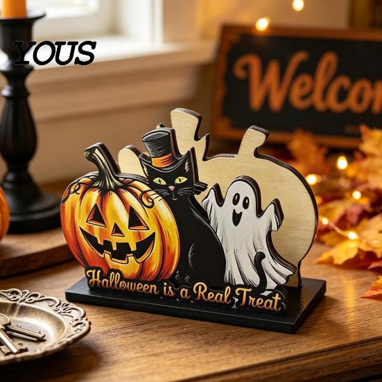 Creative Wood Napkin Organizer Halloween Wooden Holder, Cute Pastel Pumpkin Ghost Black Cat Tabletop Tissue Dispenser, Waterproof Festive Home Accents