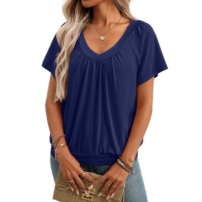 Nuova T-shirt in Cotone a Maniche Corte, Ampia, Pieghettata, con Scollo a V, per l'Estate, Abbigliamento Donna