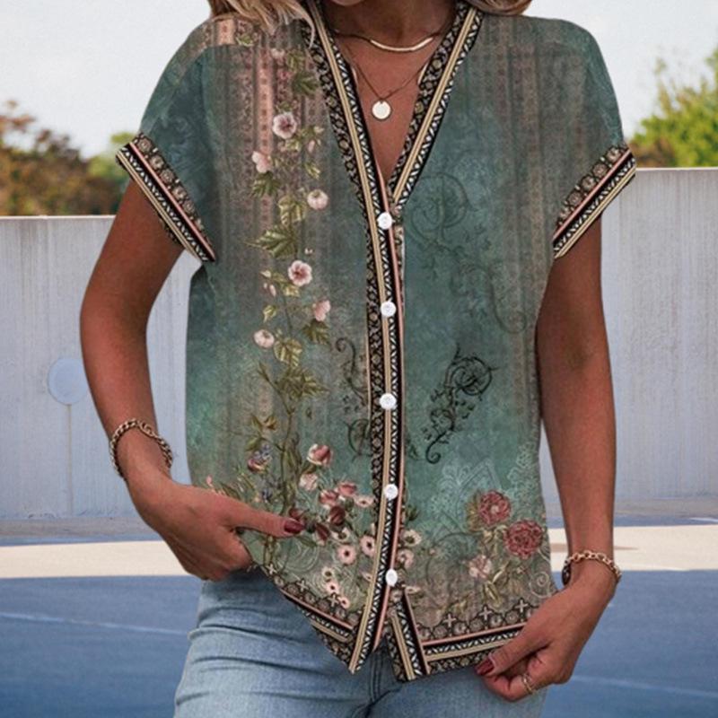 2025 Retro Ethnic Print V-Neck Dolman Sleeve T-shirt