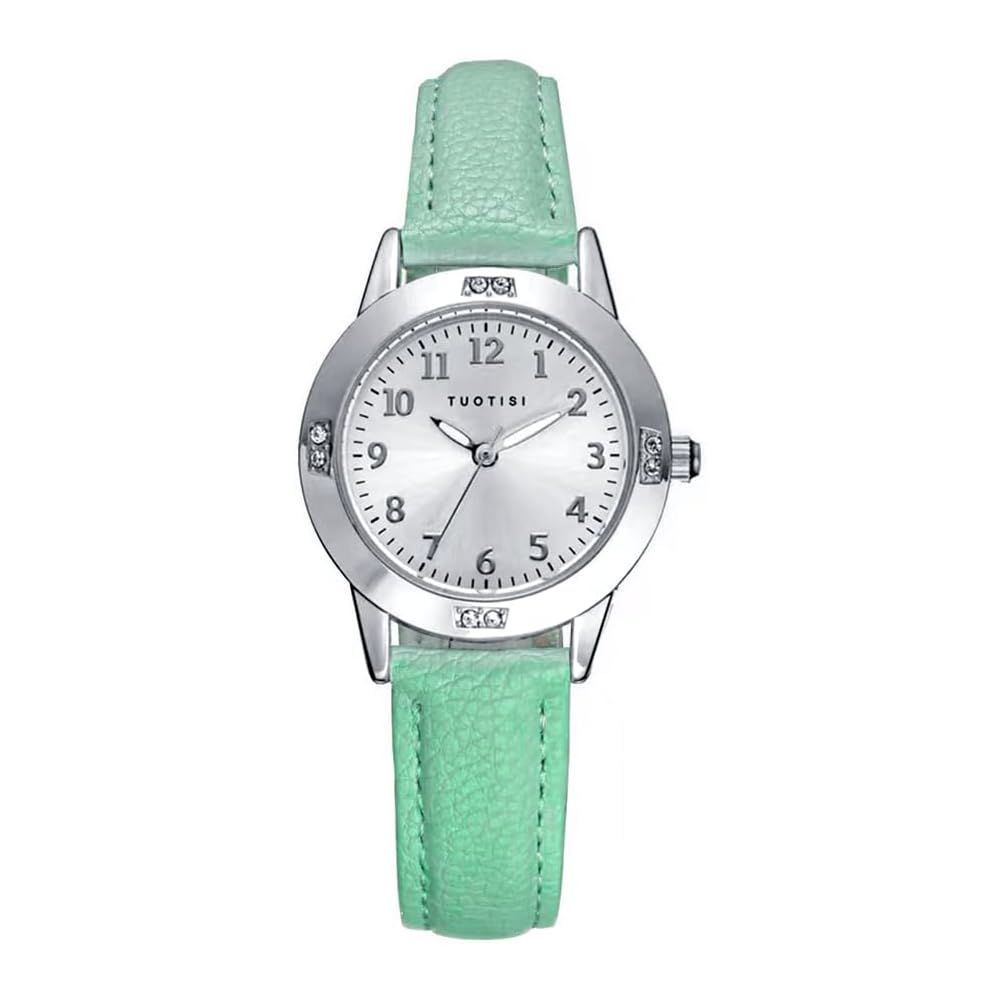 Girls Quartz Analog Watch Round Face Arabic Numerals Daily Waterproof Green Silver