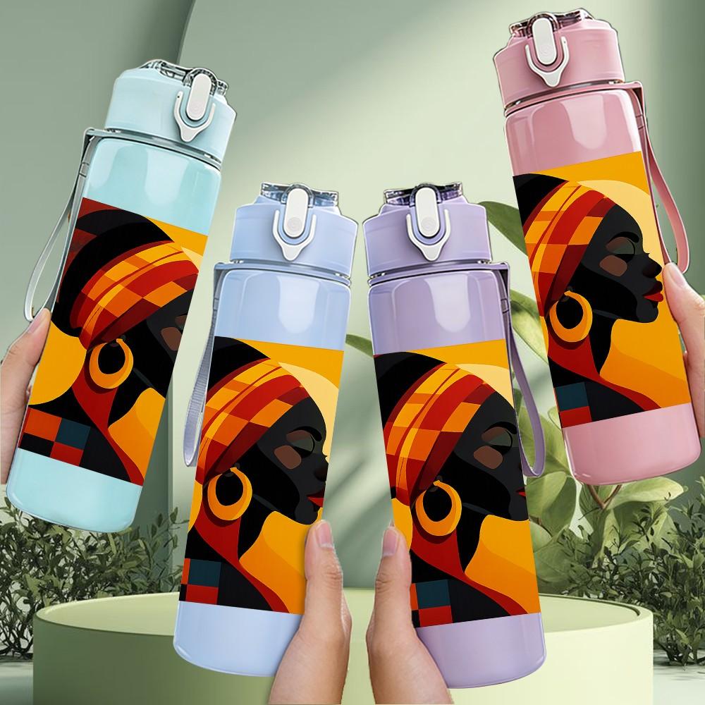 1PC Black Woman Profile Ethnic Art Print 750ml Color Plastic Sports Water Bottle Leakproof Flip Straw Lid Suitable for Sports Office Home Use