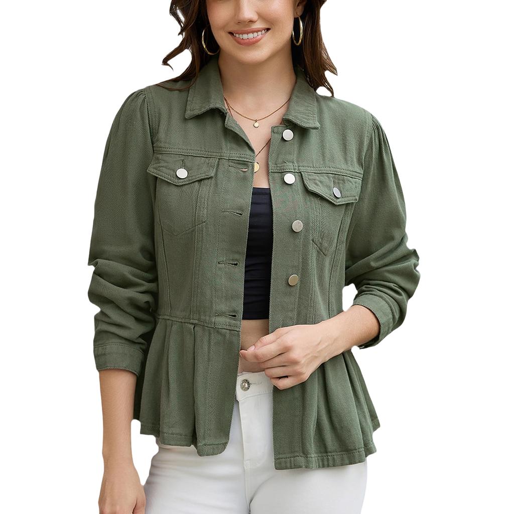 Women's Trendy Denim Jacket with Ruffle Trim, Fitted Waist and Multi-Pocket Utility