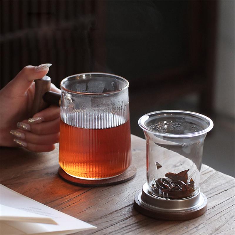 380ml Vertical Stripe Glass Tea Cup With Wooden Handle Lid Flower Office Brewing Flower Puer Tea Mug Drinkware