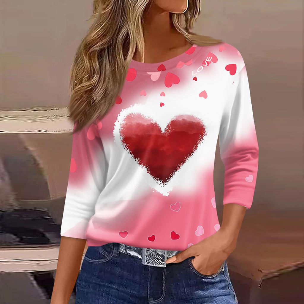 Women's Fashion Casual Round Neck 3/4 Sleeve Loose  Printed T-Shirt Ladies Top