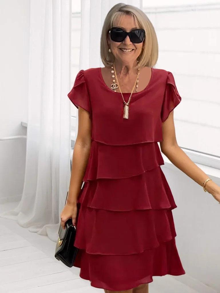 New Summer Short-sleeved Cake Skirt Solid Color Crew Neck Dress for Women