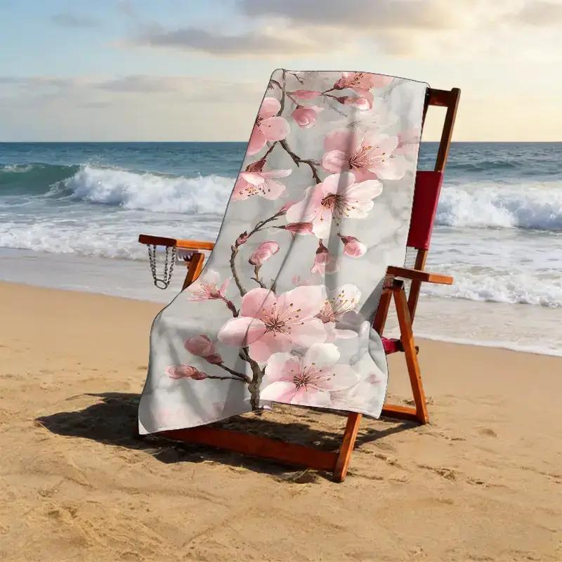 1pc, Cherry Blossom Season Outdoor Sketching Theme Beach Towel, Spring Festival Beach Towel, Soft, Absorbent,Cherry Blossom Rain