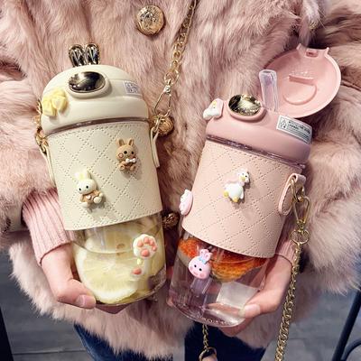 Water Bottle Girls' High Beauty Anti Drop Plastic Water Cup with Straw, Portable and High Temperature Resistant Cup for Students