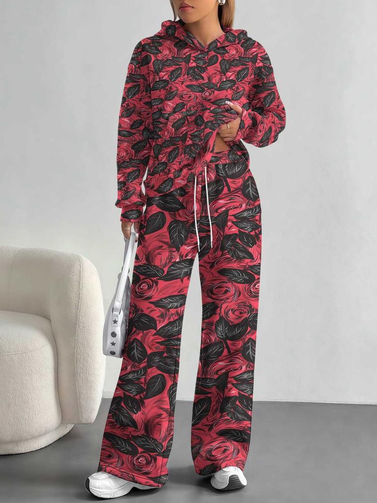 European And American Autumn And Winter Casual Long-Sleeved Suit Women'S Hooded Sweater Trousers Two-Piece Set Retro Elements
