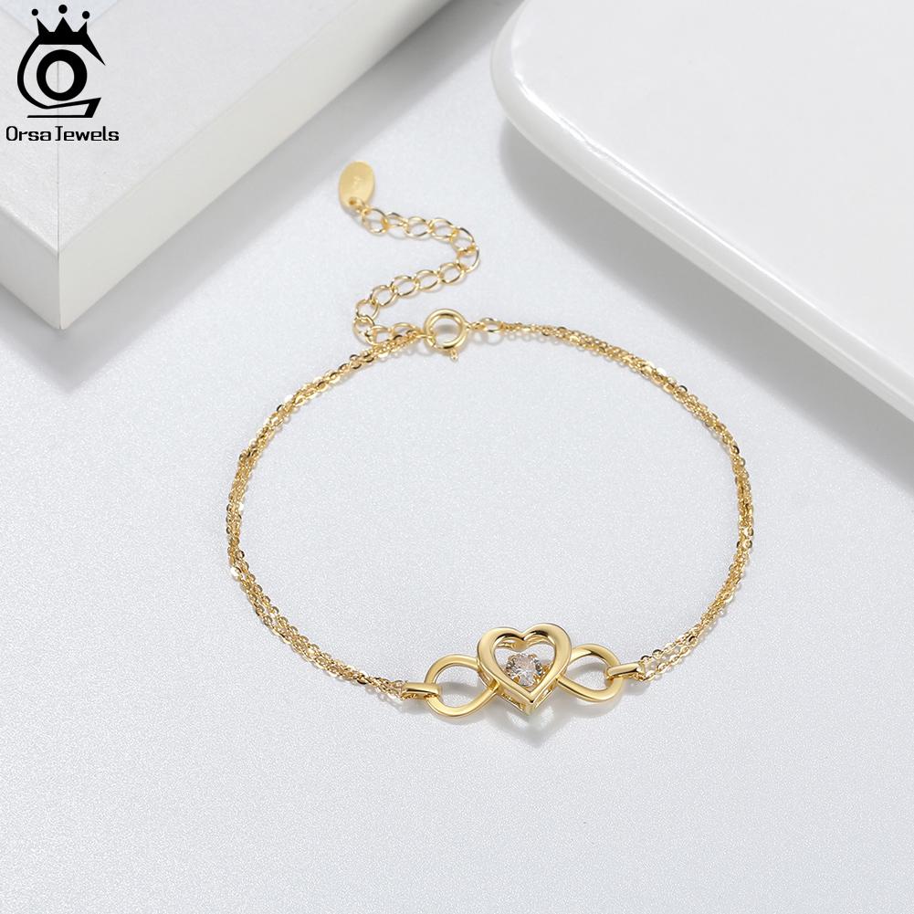 ORSA JEWELS Trendy 925 Sterling Silver Double Layers Heart Bracelet for Women Girl Mom Best Birthday Chain Bracelets Gift SB135