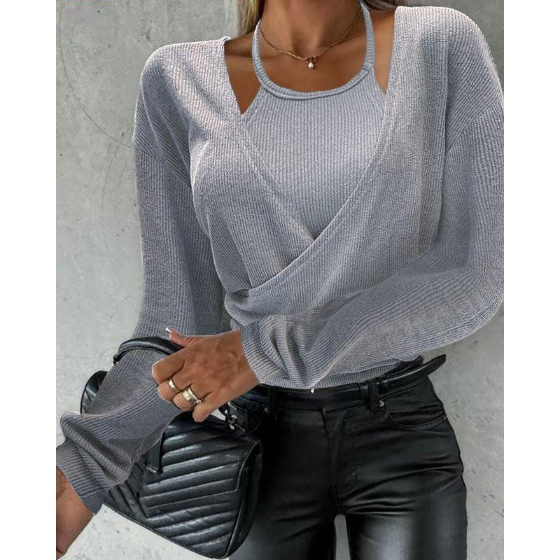 

2024 New Women Army Green Fake Two Pieces V-neck Package Long sleeve Top Women V-neck Top Gray S