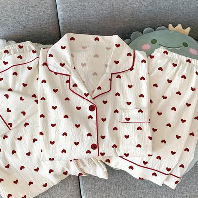 Sweet Love Full Print Casual Wrinkled Pajamas Women'S Spring Summer Short-Sleeved Three-Piece Loungewear