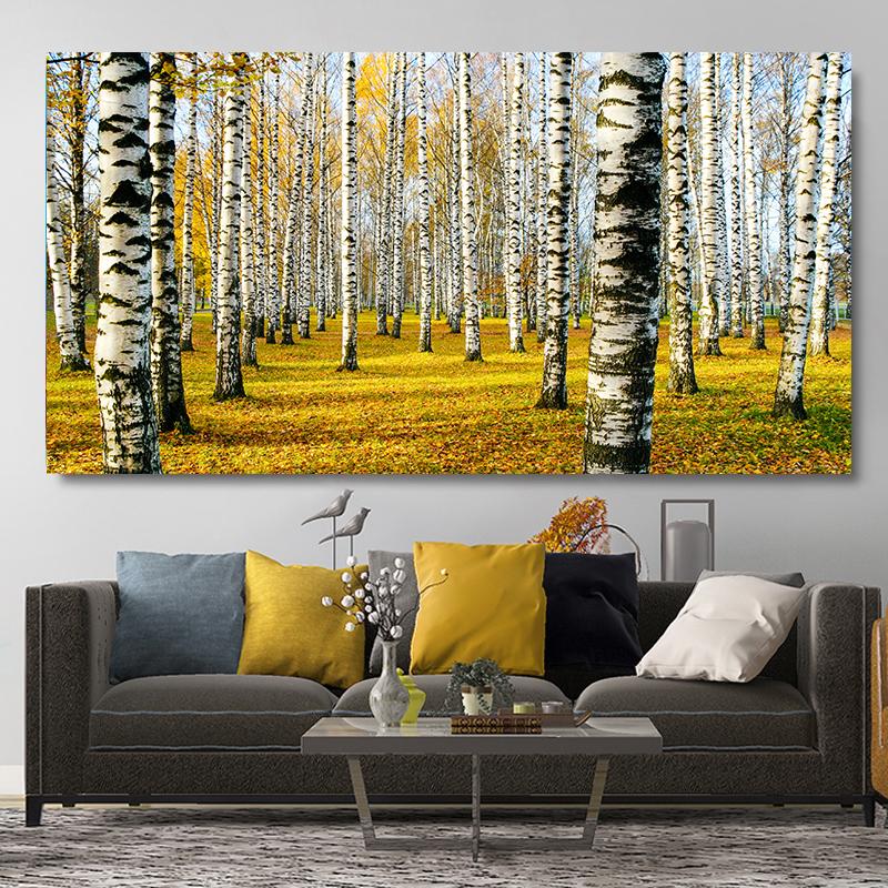Yellow Birch Forest Canvas Painting Autumn Golden Tree Posters and Prints Landscape Pictures for Living Room Home Wall Decor