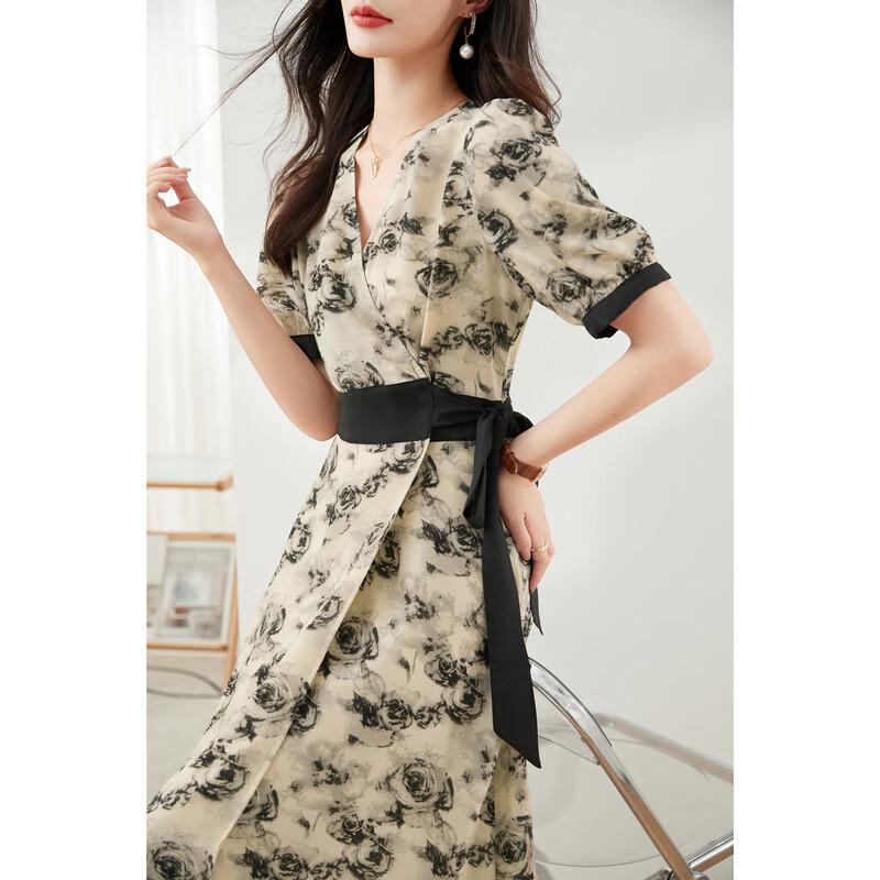Iveni Tied Rose Print V-Neck Chiffon Dress