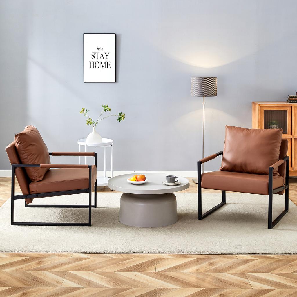 Brown Reading Chair with Black Metal Frame, Modern Casual Armchair Made of Faux Leather, Single Sofa for Living Room, Bedroom, Office