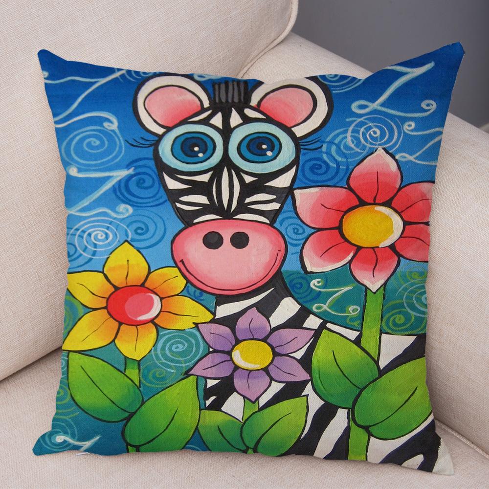 Children Oil Painting Art Cushion Cover Both Sides Plush Pillow Case Decor Cartoon Plant Throw Pillowcase for Sofa Home Car