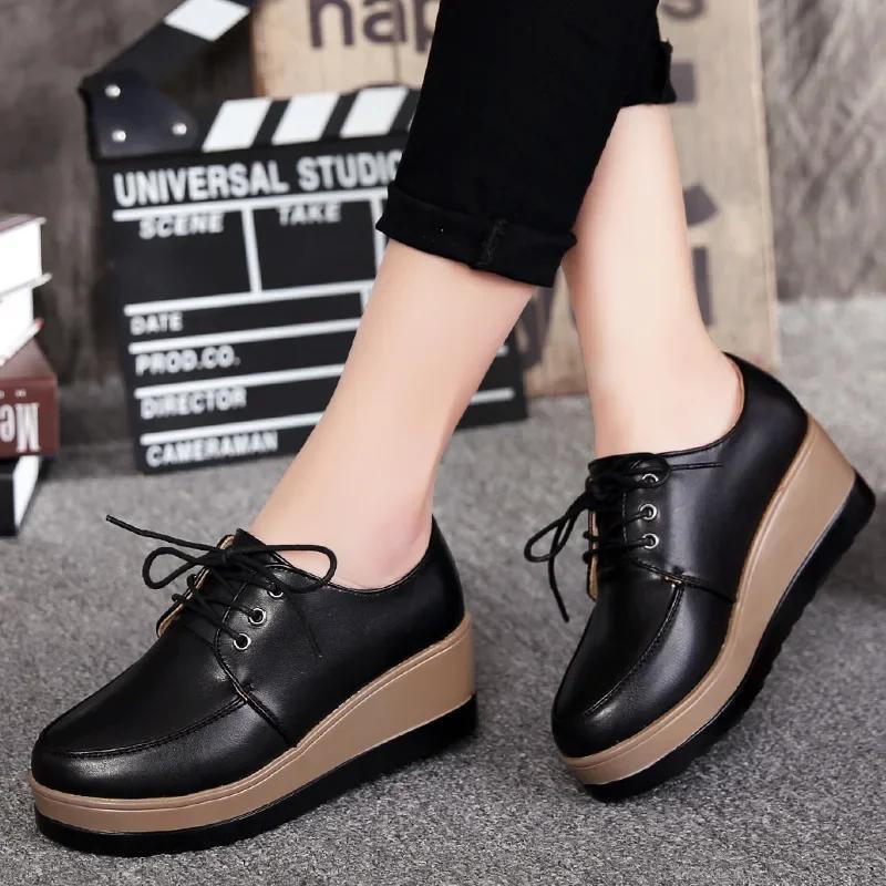 Women Oxford Shoes Flat On Platform Casual Shoes Frenum Leather Shoes Sewing Round Toe Mujer