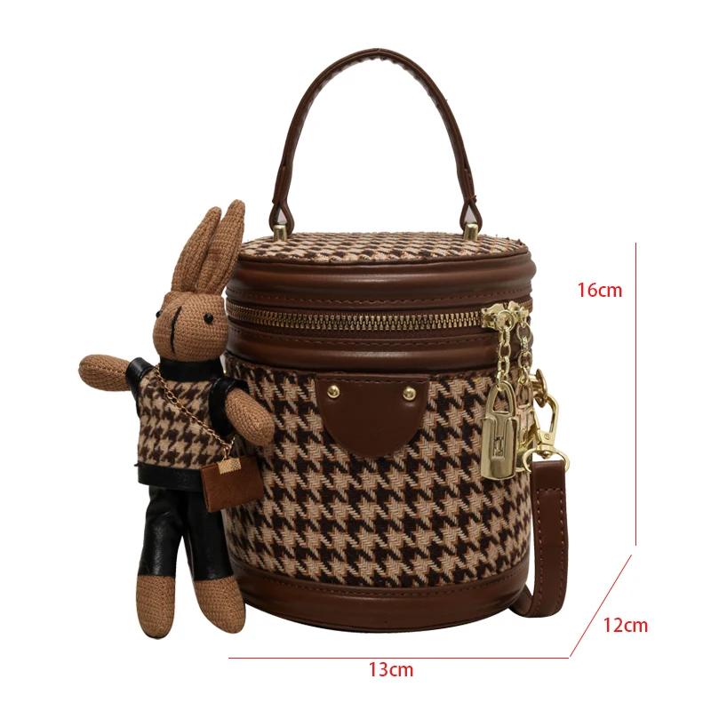 Bucket Bag Plaid Woolen Handbag Fashion Designer Small Handbag Female Mini Crossbody Bag Round Cylinder One Shoulder Bag