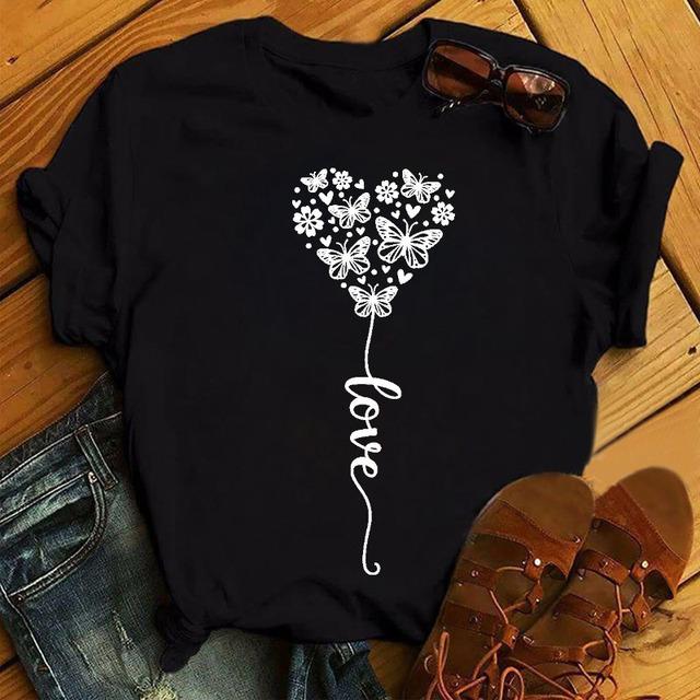 New Fashion Women Black T Shirt Friends Gift Flower Love Print Cute Tee Shirt Female Harajuku Tops Woman Short Sleeve T -Shirts