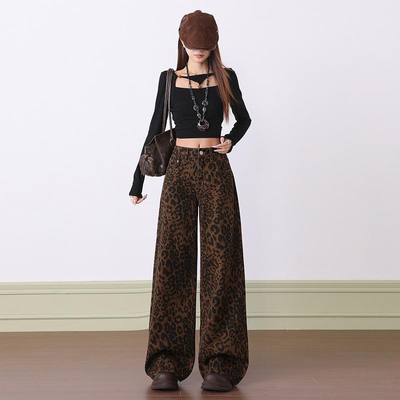 

Women s American Casual Leopard Print High-Waisted Wide-Leg Jeans, Autumn/Winter 2025, Loose-Slimming, Floor-Length Pants Double Extra Large
