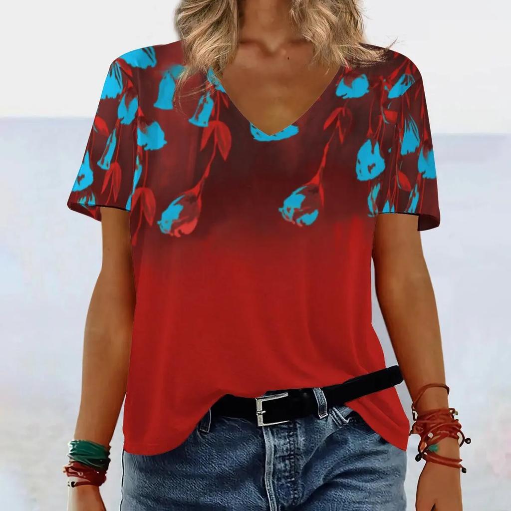 Summer V-neck 3D Gradient Printed Top Fashionable Casual Short Sleeved Women's T-shirts
