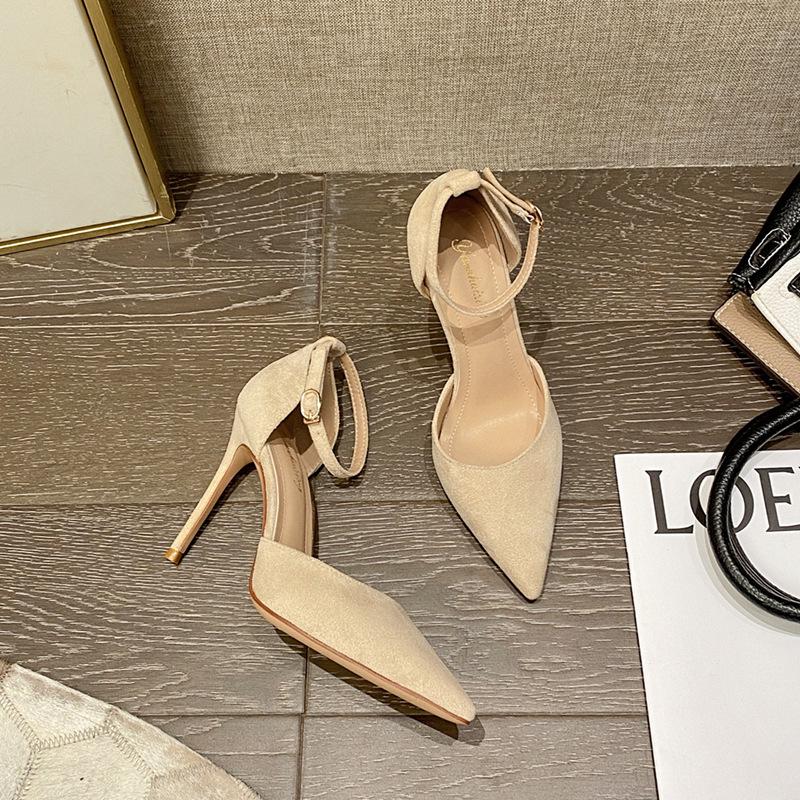 

Korean Fashion Suede Stiletto Heels: Pointed Toe, Hollow Design, Single Strap Sandals 35