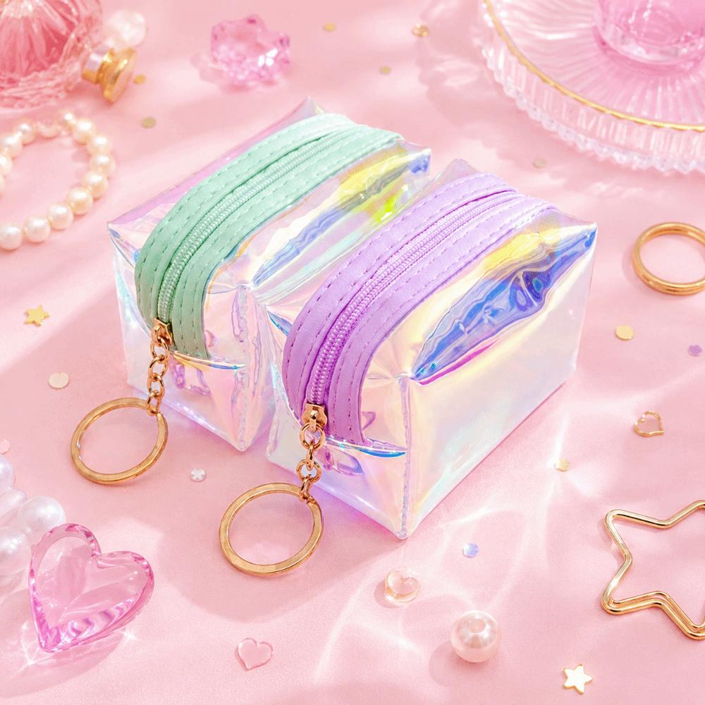 Holographic Mini Coin Purse Zipper Pastel Color Mini Keychain Bag Waterproof Portable Transparent PVC Wallet Spot Wholesale